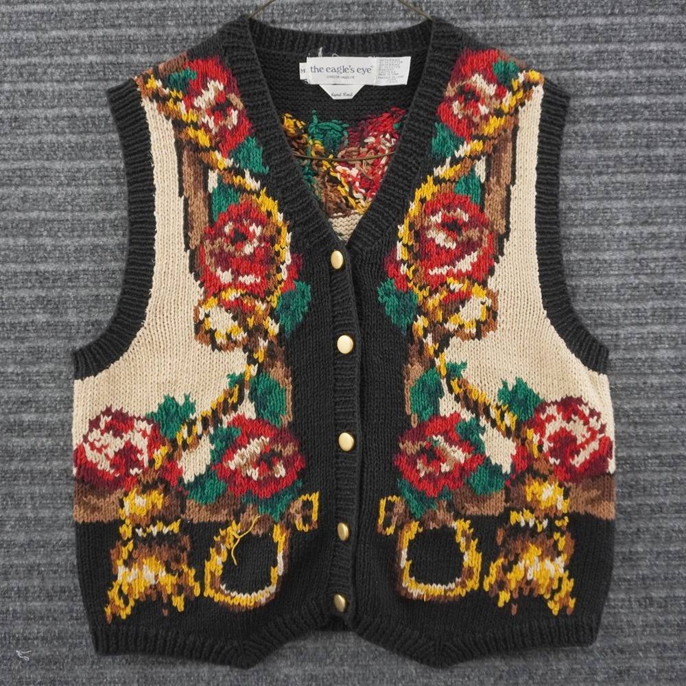 Vintage 90s The Eagle's Eye Sweater Vest Women M Black Floral Horseshoe Rose